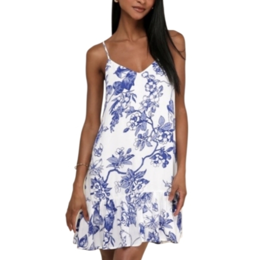 Lulu's Blue and White Floral Mini Dress Medium Euro Trip Vacation Aesthetic